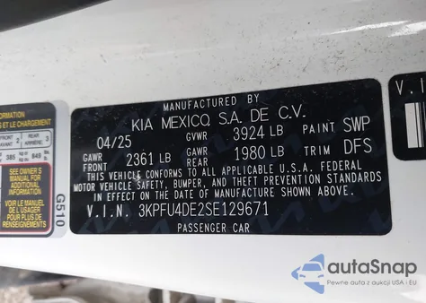 2025 Kia K4 Ex z USA, uszkodzony, nr VIN 3KPFU4DE2SE129671